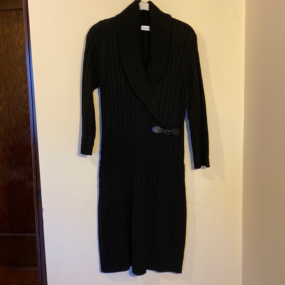 Calvin Klein L Sweater Dress Black Cable Knit Side Buckle EUC Midi Mid Length